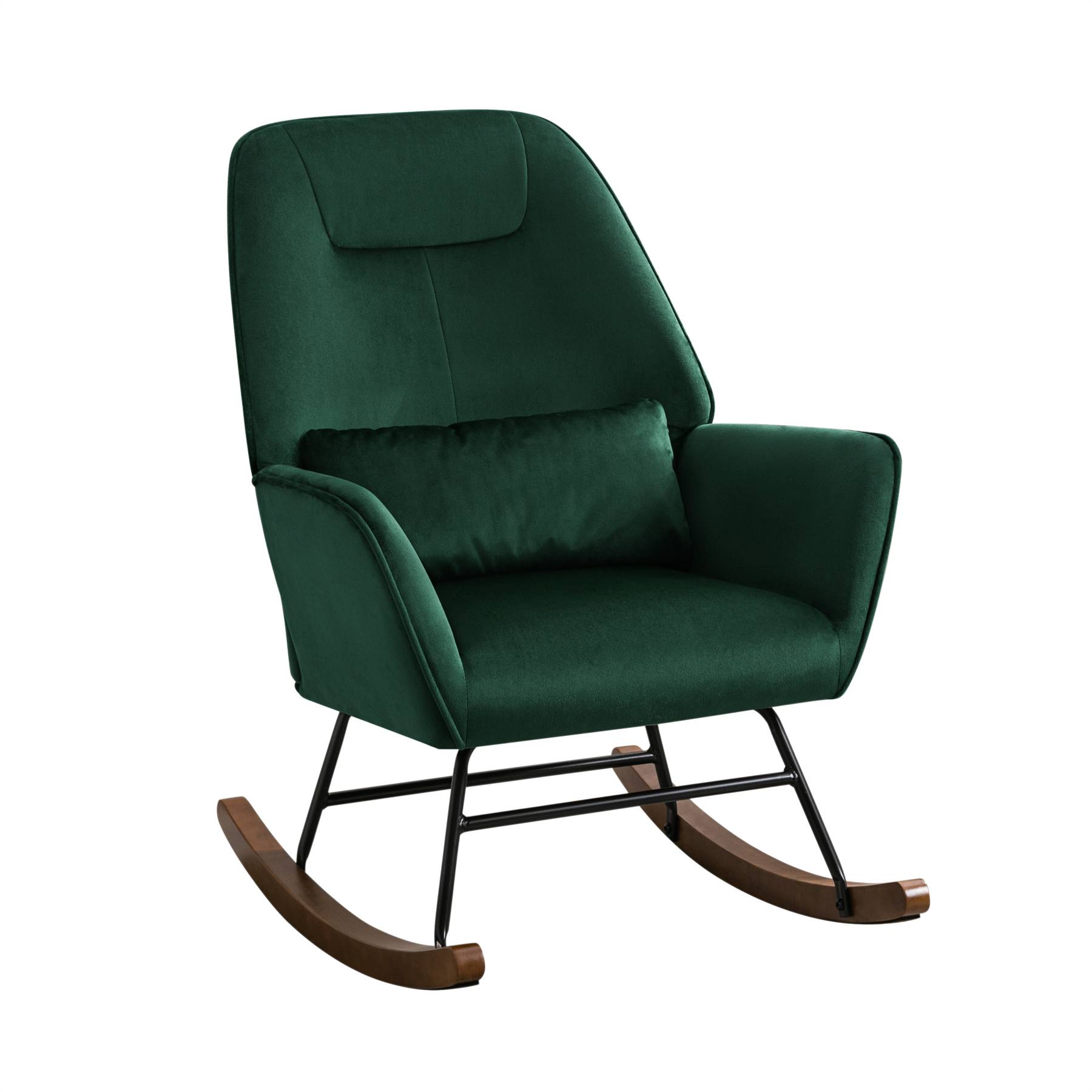 0 - Fauteuil à Bascule  Rembourré en Velours Moderne  pour Salon, Chaise à Bascule à Dossier Haut avec Pieds en Bois, Vert Foncé - Image 1