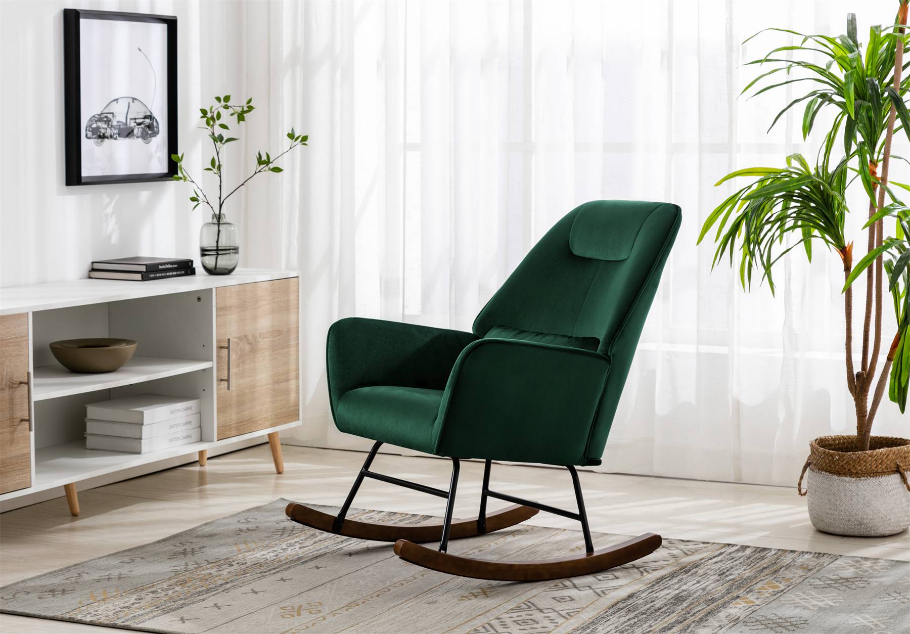 0 - Fauteuil à Bascule  Rembourré en Velours Moderne  pour Salon, Chaise à Bascule à Dossier Haut avec Pieds en Bois, Vert Foncé - Image 8