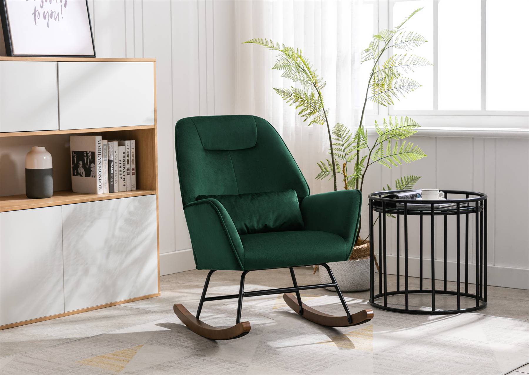 0 - Fauteuil à Bascule  Rembourré en Velours Moderne  pour Salon, Chaise à Bascule à Dossier Haut avec Pieds en Bois, Vert Foncé - Image 5