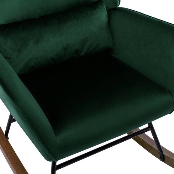 0 - Fauteuil à Bascule Rembourré en Velours Moderne pour Salon, Chaise à Bascule à Dossier Haut avec Pieds en Bois, Vert Foncé - Image 3