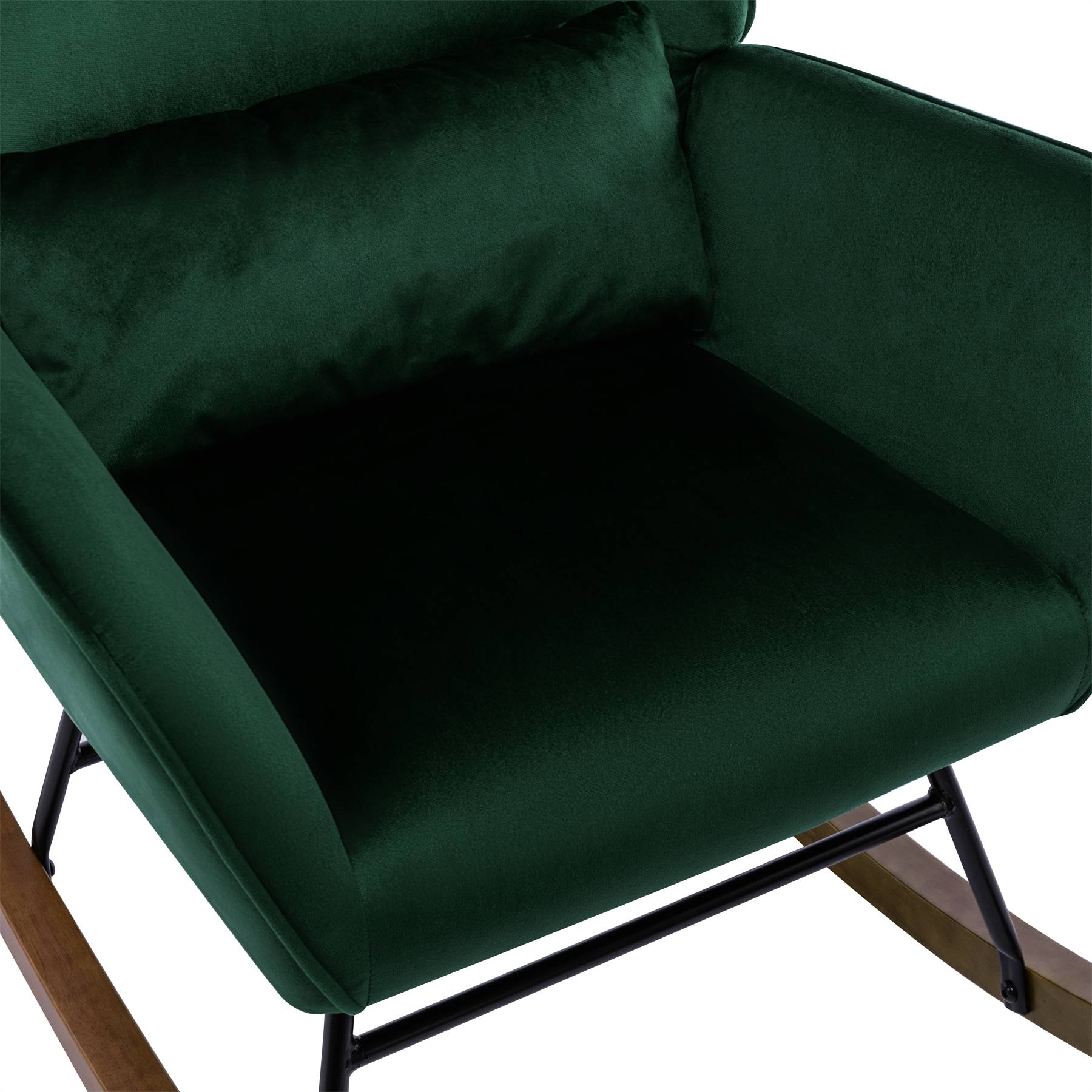 0 - Fauteuil à Bascule  Rembourré en Velours Moderne  pour Salon, Chaise à Bascule à Dossier Haut avec Pieds en Bois, Vert Foncé - Image 3
