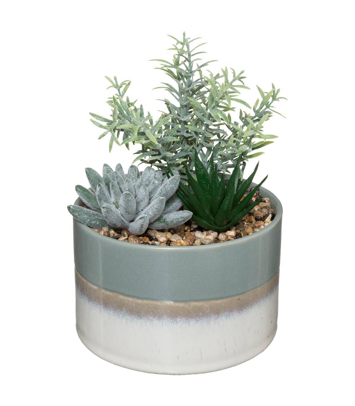 Composition florale artificielle Pot en céramique bicolore H 17.5 cm - Image 1