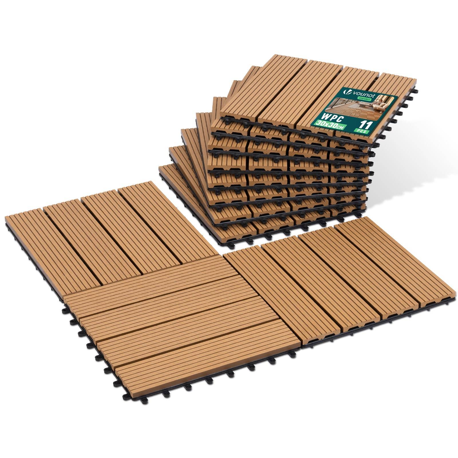 Vounot - Lot de 11 Dalles clipsables extérieur 30x30 cm - WPC - Caillebotis de terrasse antidérapant et drainant - Couleur bois - VOUNOT®