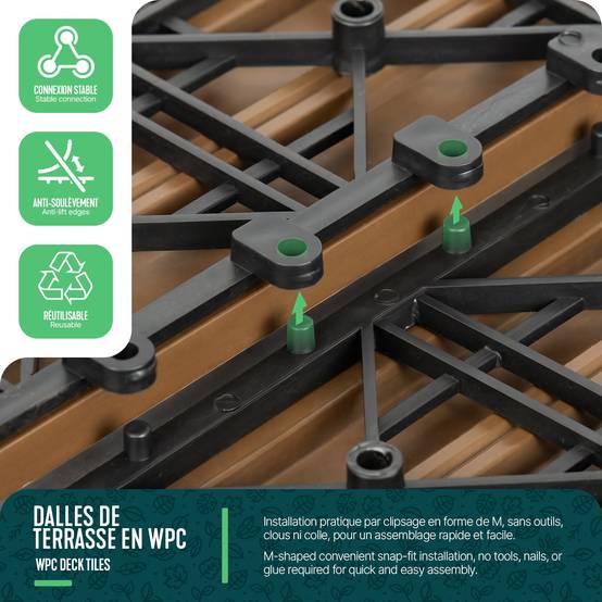 Vounot - Lot de 11 Dalles clipsables extérieur 30x30 cm - WPC - Caillebotis de terrasse antidérapant et drainant - Couleur bois - VOUNOT® - Image 5
