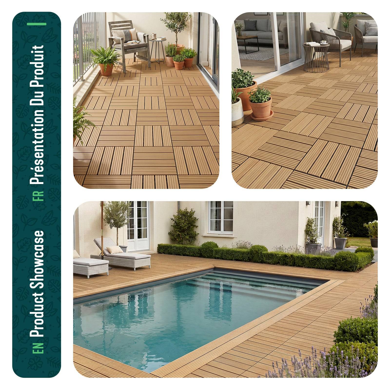 Vounot - Lot de 11 Dalles clipsables extérieur 30x30 cm - WPC - Caillebotis de terrasse antidérapant et drainant - Couleur bois - VOUNOT® - Image 7