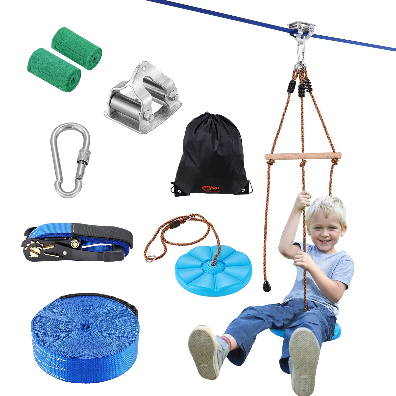 VEVOR Tyrolienne 15,8 m pour jardin, charge max 227 kg, avec harnais de sécurité, siège et guidon pour enfants et adultes. - Image 1