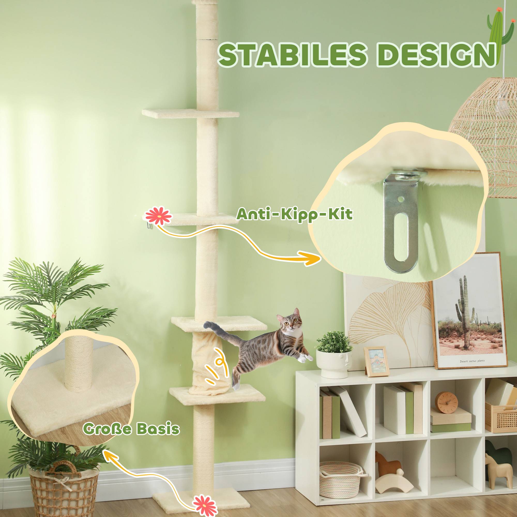 Arbre à chat bois peluche intérieur hauteur ajustable plafond 275cm blanc crème - ComfortXL Outdoor Living - Image 7