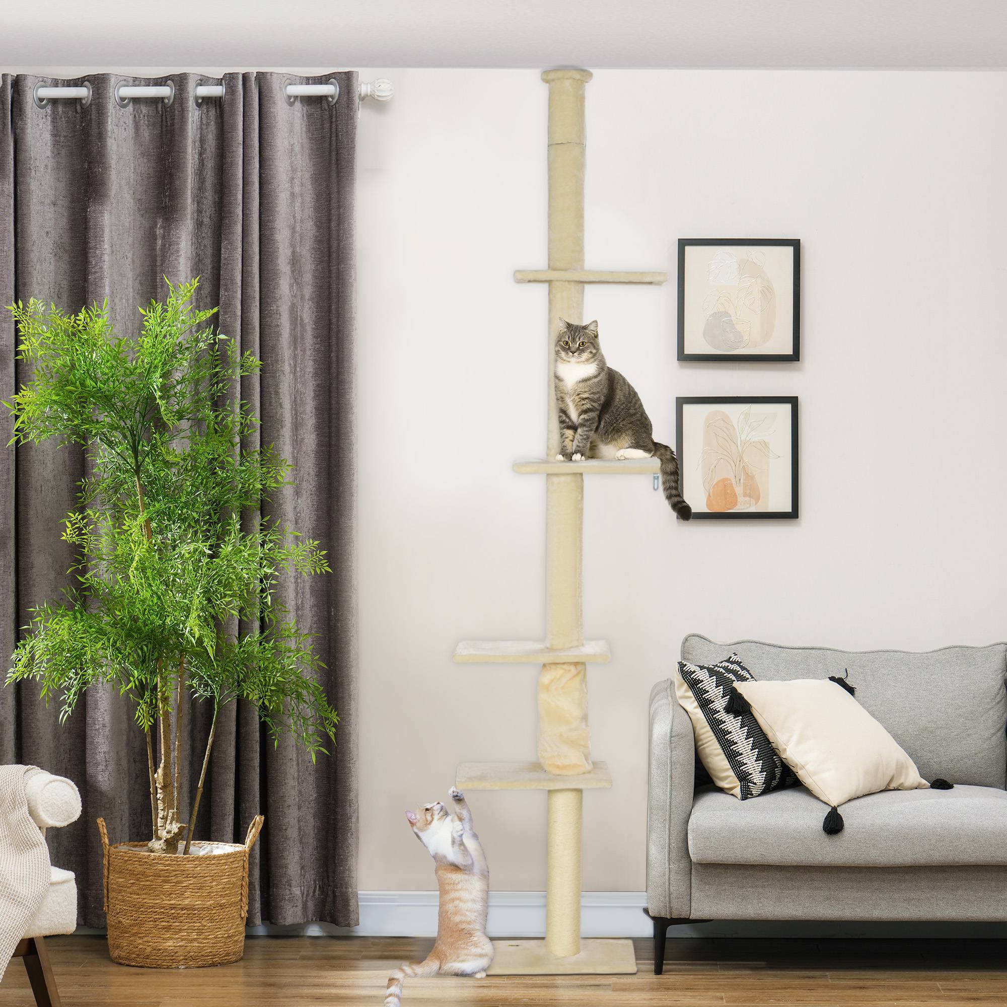 Arbre à chat bois peluche intérieur hauteur ajustable plafond 275cm blanc crème - ComfortXL Outdoor Living - Image 4