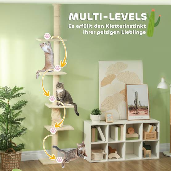 Arbre à chat bois peluche intérieur hauteur ajustable plafond 275cm blanc crème - ComfortXL Outdoor Living - Image 8