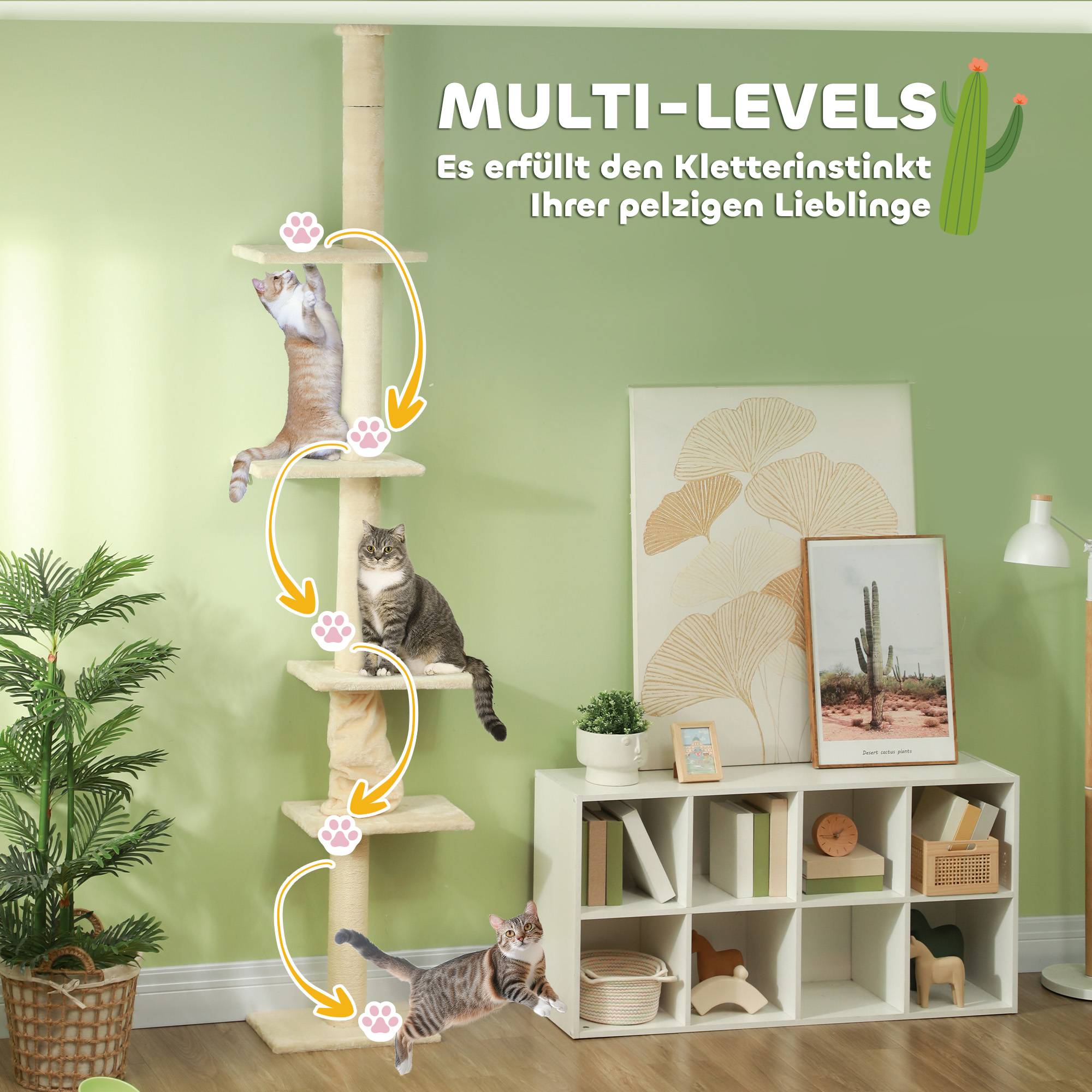 Arbre à chat bois peluche intérieur hauteur ajustable plafond 275cm blanc crème - ComfortXL Outdoor Living - Image 8