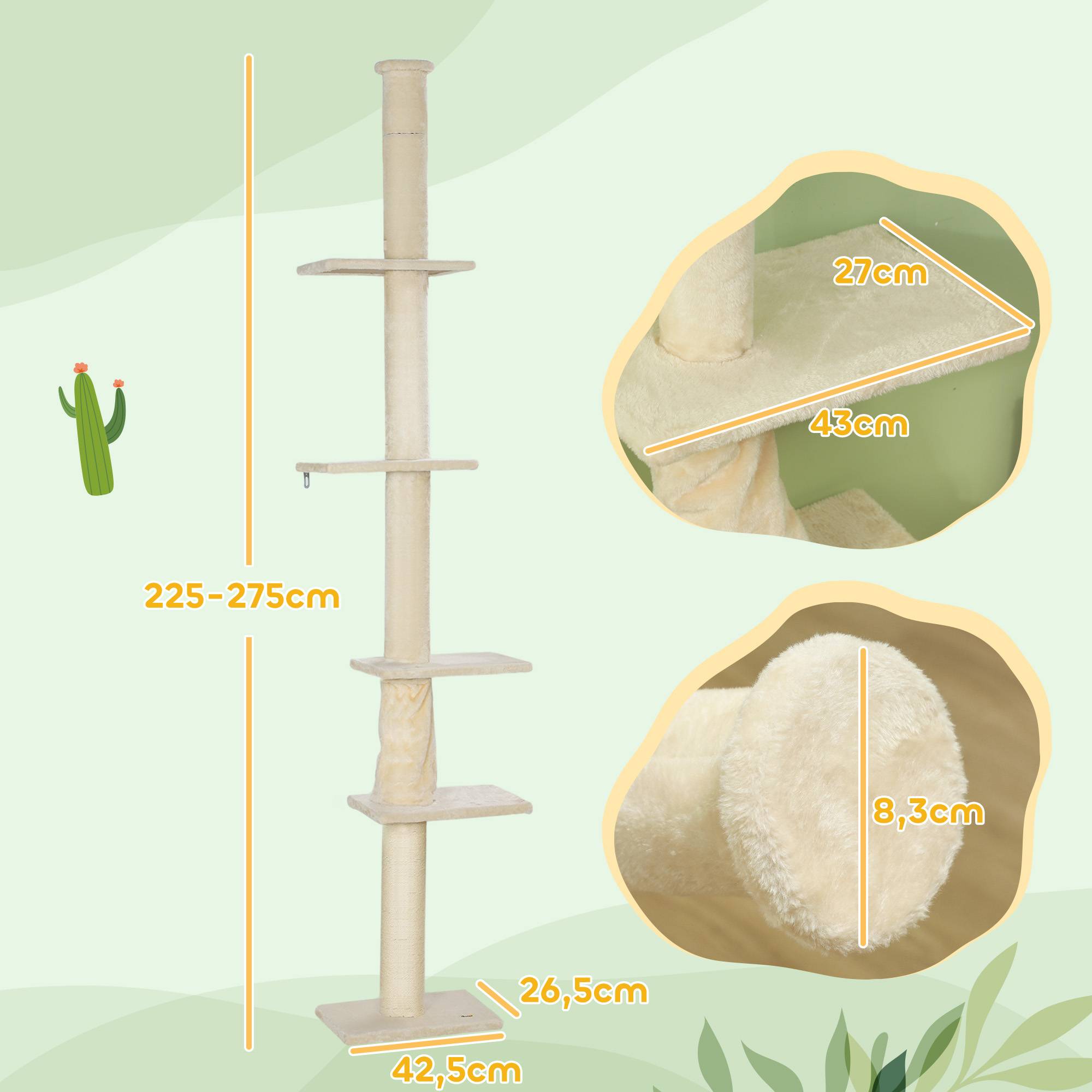 Arbre à chat bois peluche intérieur hauteur ajustable plafond 275cm blanc crème - ComfortXL Outdoor Living - Image 5