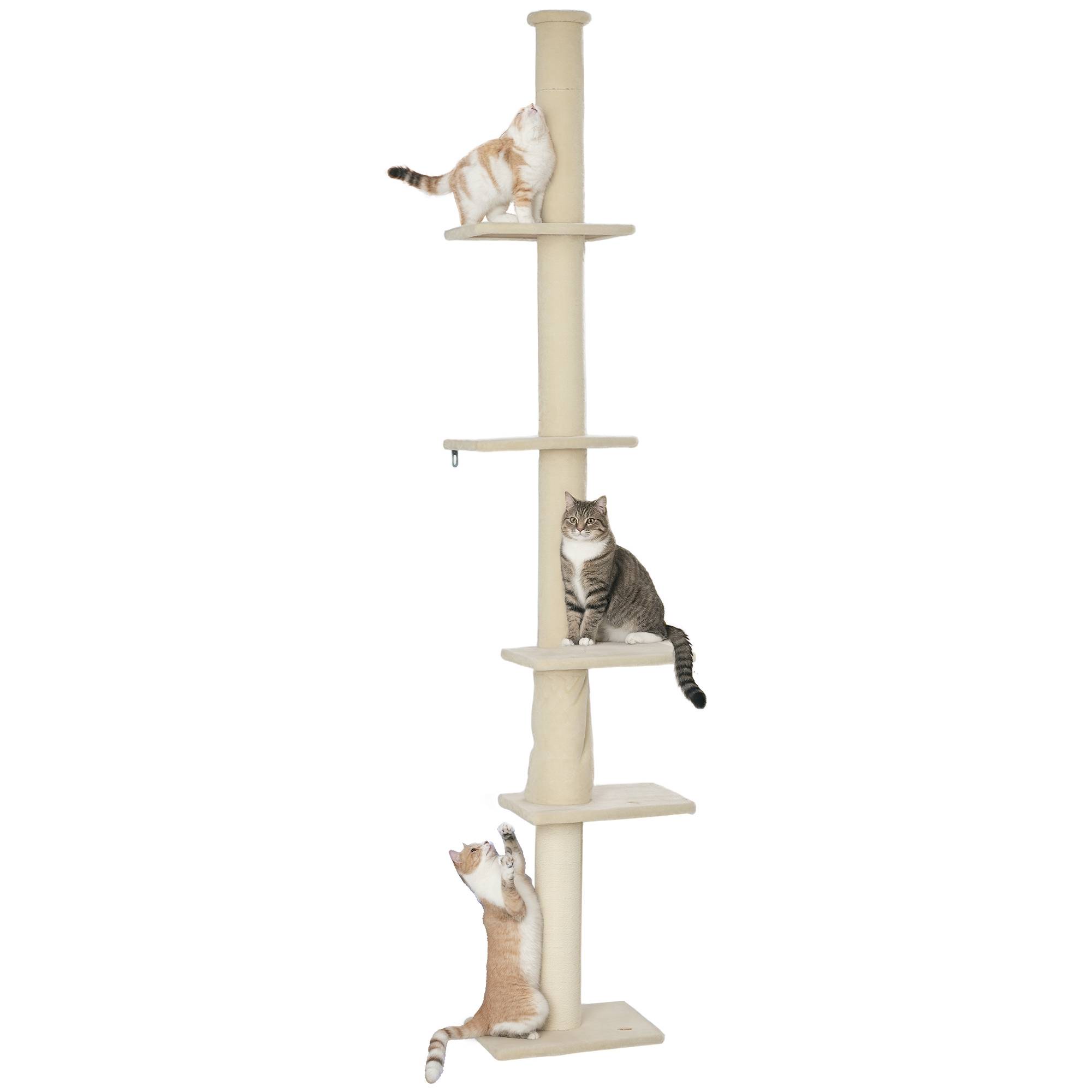 Arbre à chat bois peluche intérieur hauteur ajustable plafond 275cm blanc crème - ComfortXL Outdoor Living - Image 1