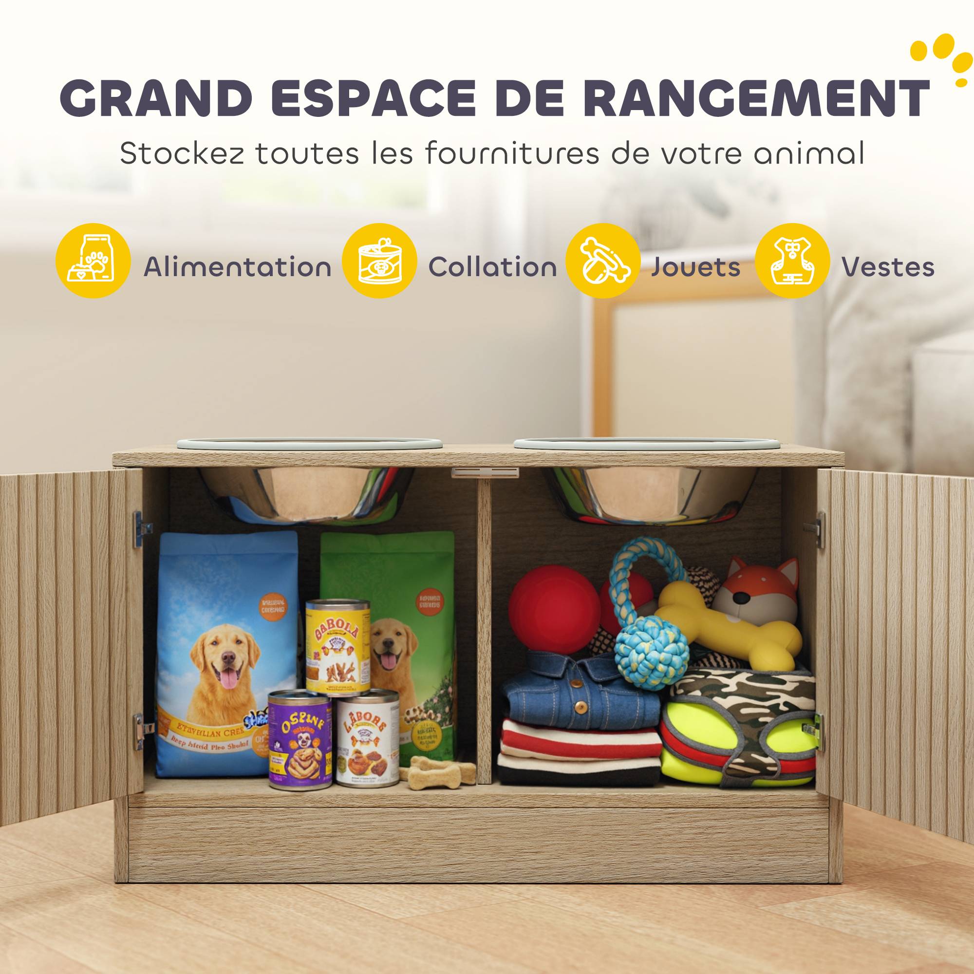 Gamelles pour chiens surélevées porte-gamelles avec rangement de 40L, 2 bols en acier inoxydable 60 x 30 x 35,5 cm chêne - Image 7