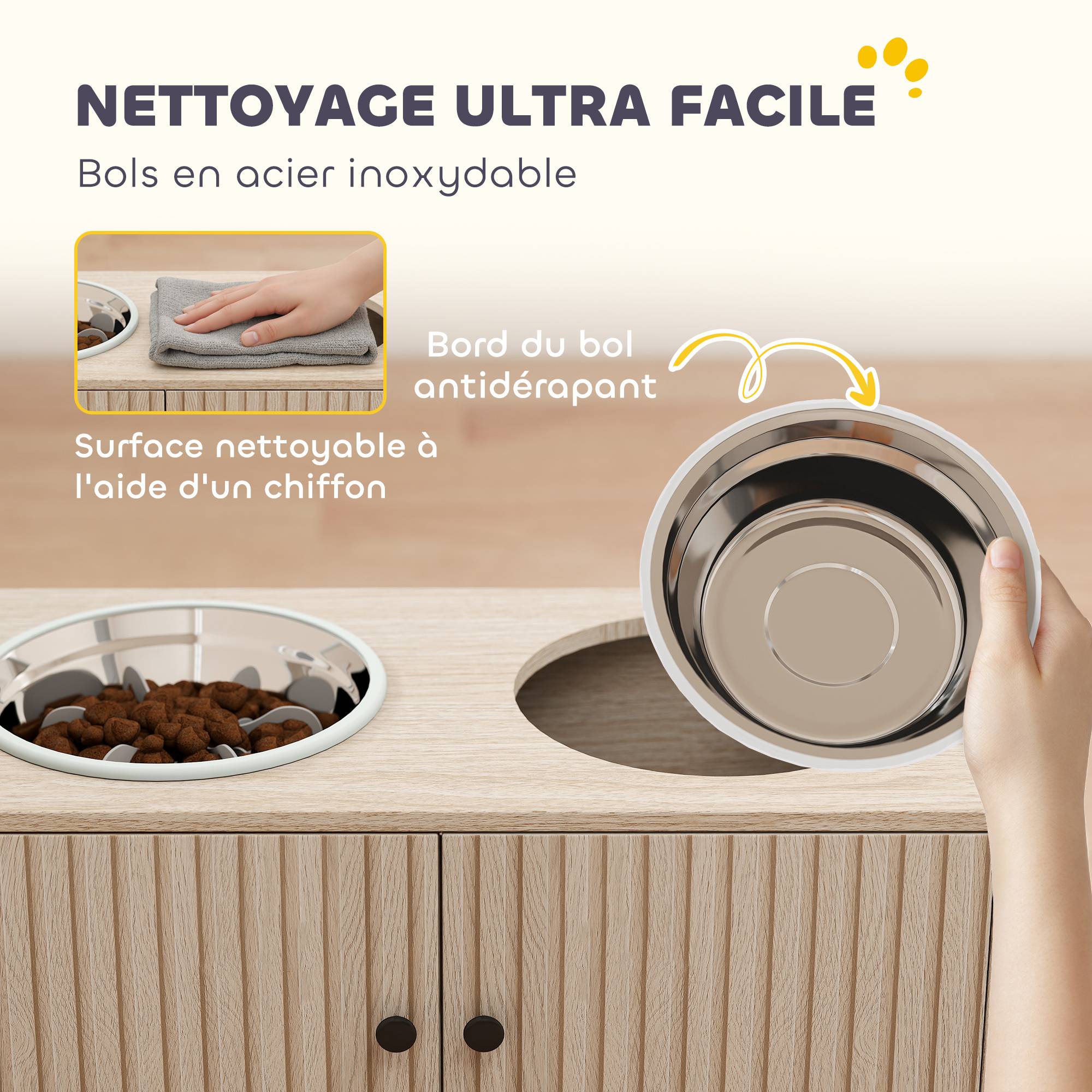 Gamelles pour chiens surélevées porte-gamelles avec rangement de 40L, 2 bols en acier inoxydable 60 x 30 x 35,5 cm chêne - Image 8