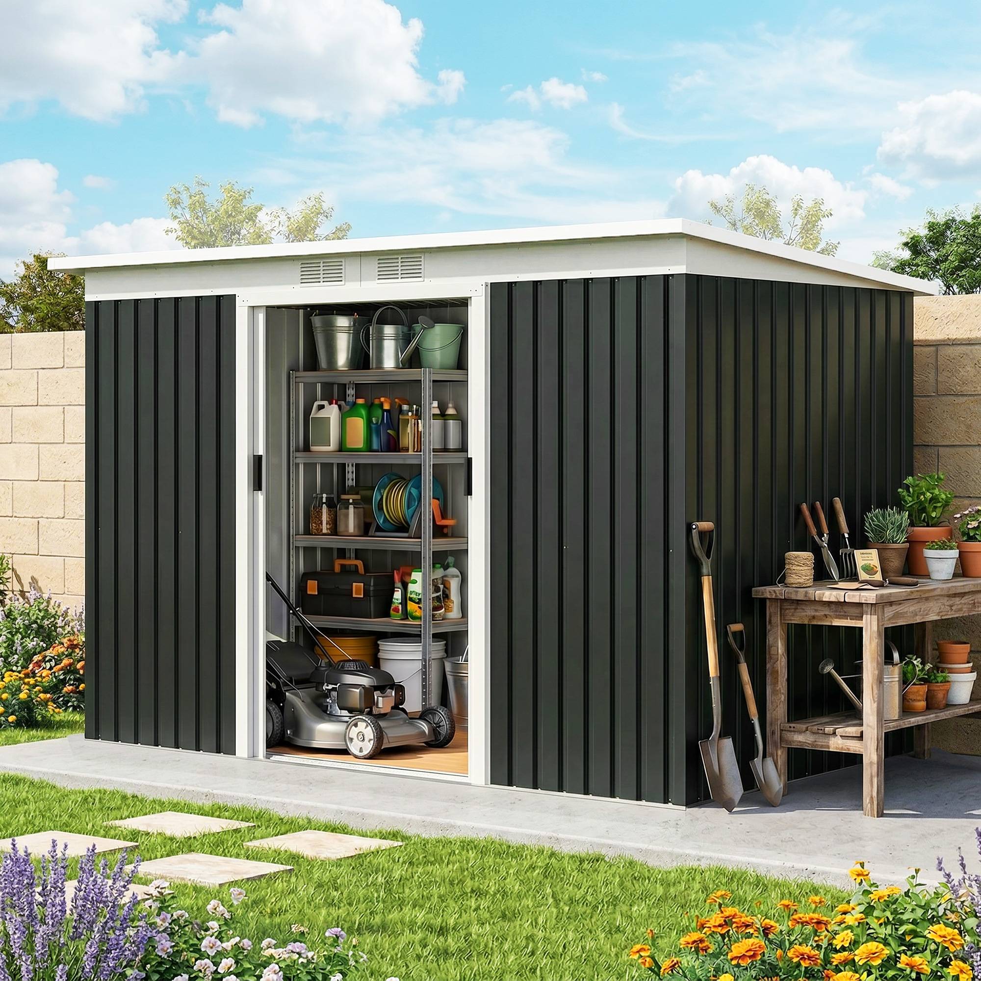 Abri de jardin en tôle d'acier avec portes coulissantes, 280 x 130 x 172 cm, gris-noir - Image 4