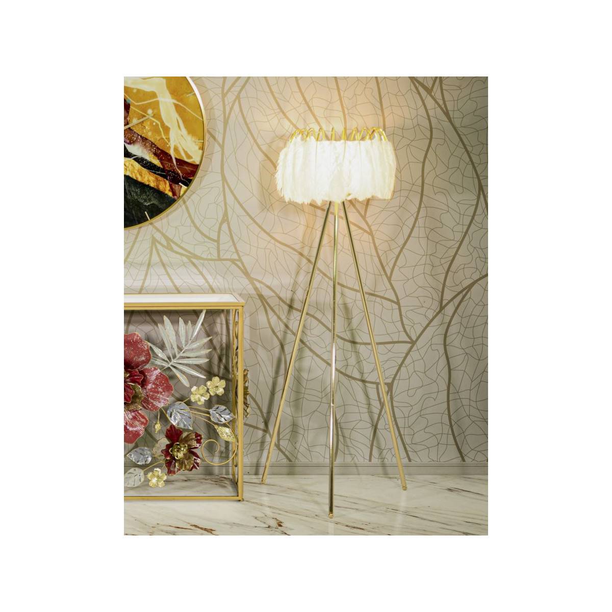 Lampadaire Imitation Plume "Stand" 147cm Or & Blanc - Image 6
