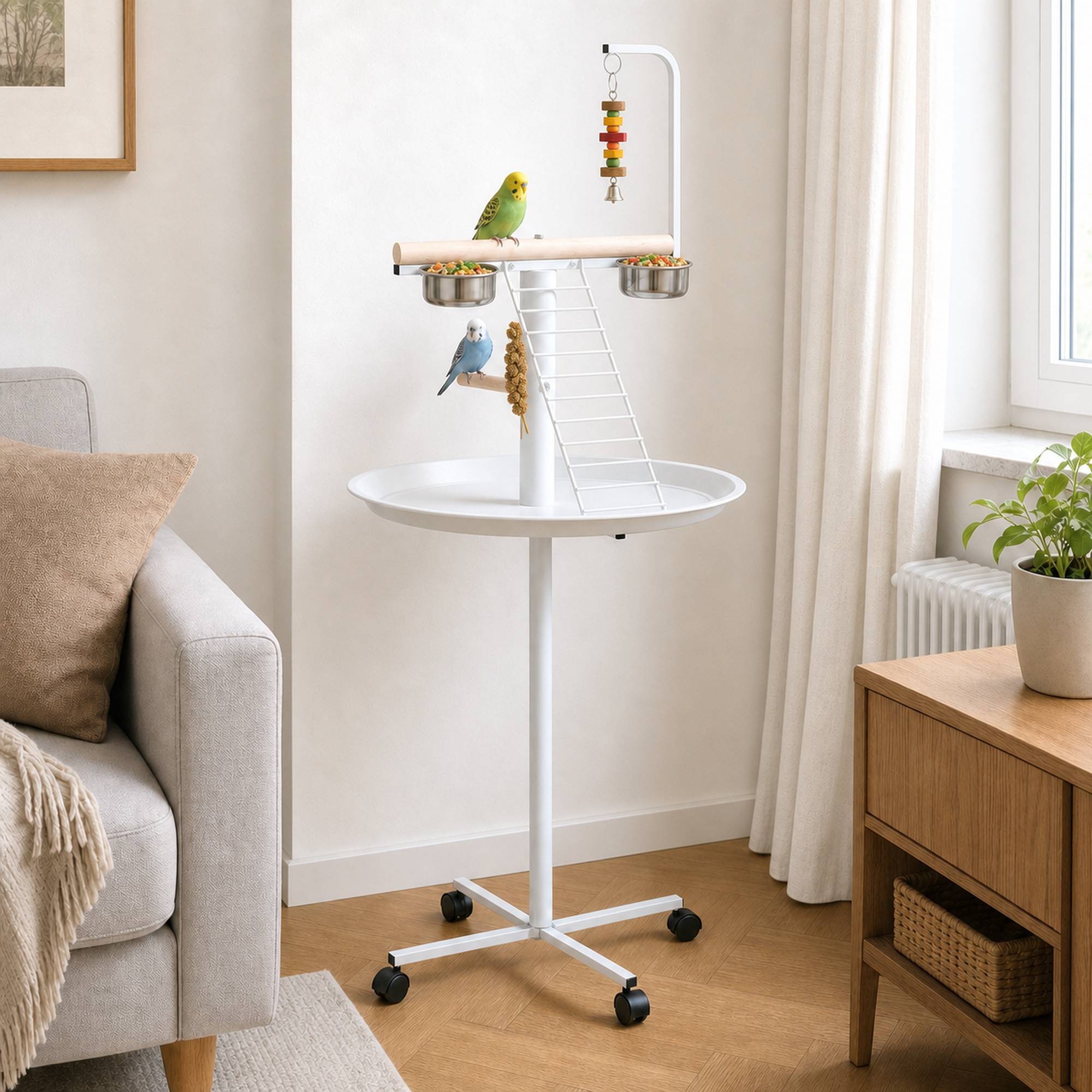 ComfortXL - Perchoir pour perroquet acier et sapin Ø60 x 138 cm blanc naturel sur roulettes avec échelle balançoire et mangeoires - Image 1