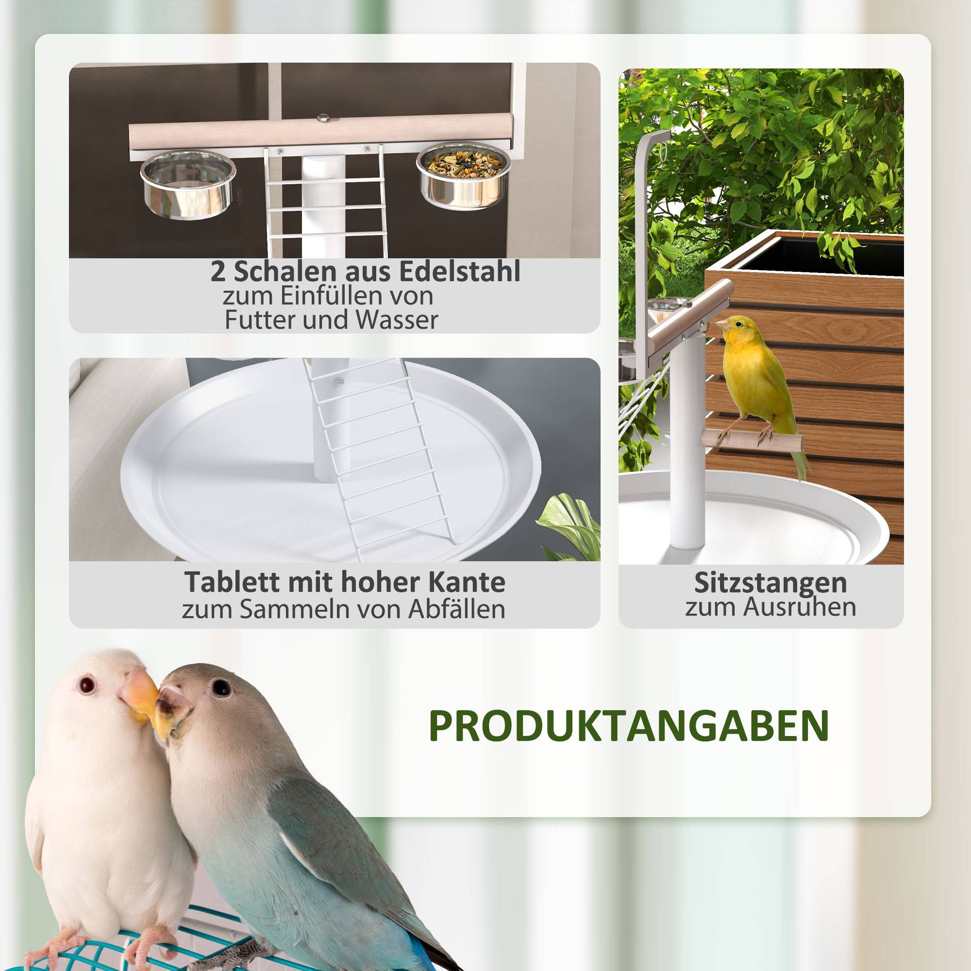 ComfortXL - Perchoir pour perroquet acier et sapin Ø60 x 138 cm blanc naturel sur roulettes avec échelle balançoire et mangeoires - Image 6