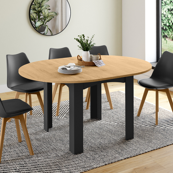 Table à manger extensible ronde DONA 4-8 personnes noire plateau façon hêtre 110-150 cm - Image 1