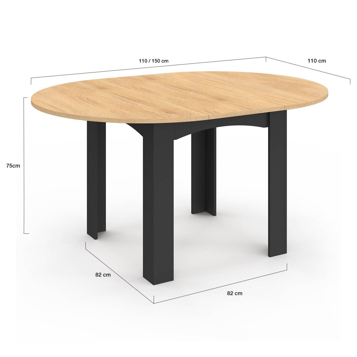 Table à manger extensible ronde DONA 4-8 personnes noire plateau façon hêtre 110-150 cm - Image 5