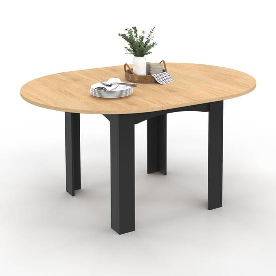 Table à manger extensible ronde DONA 4-8 personnes noire plateau façon hêtre 110-150 cm - Image 2