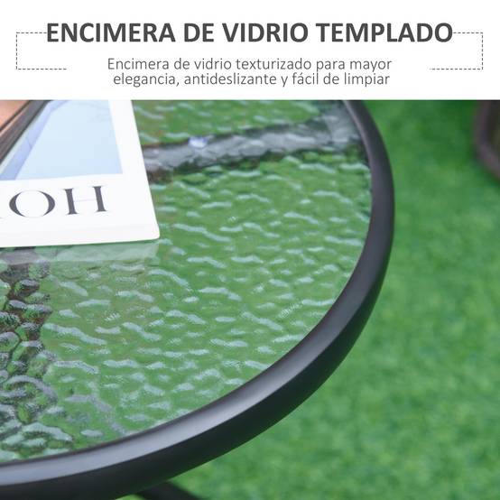 Table basse de jardin ronde d'extérieur avec plateau en verre décoratif et structure en métal pour patio, terrasse ou balcon Ø50x55 cm Noir - Image 6