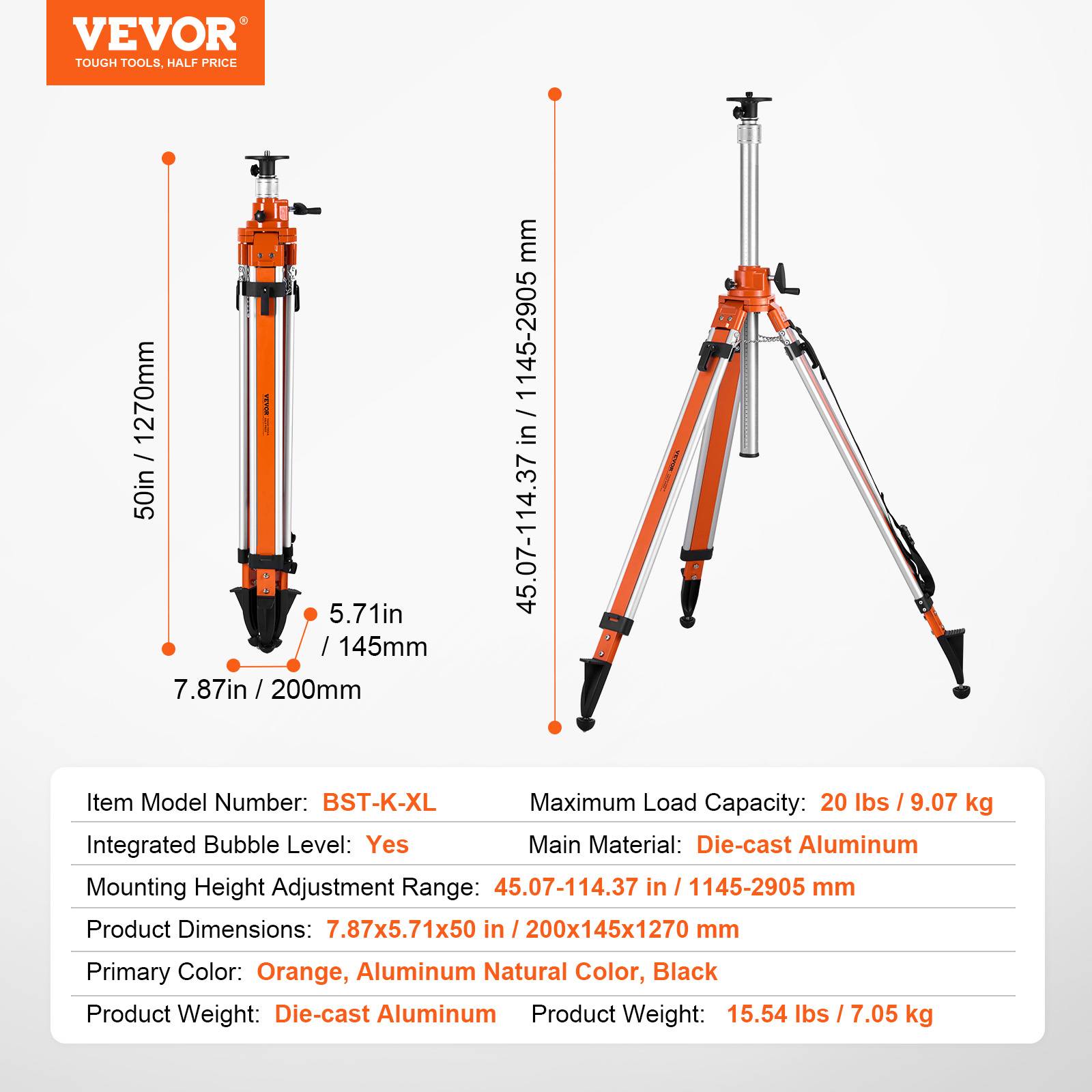 Vevor - VEVOR Trépied niveau laser montage 5/8"-11, H 114.5-290.5cm, niveau/limiteur, antidérap. - Image 7