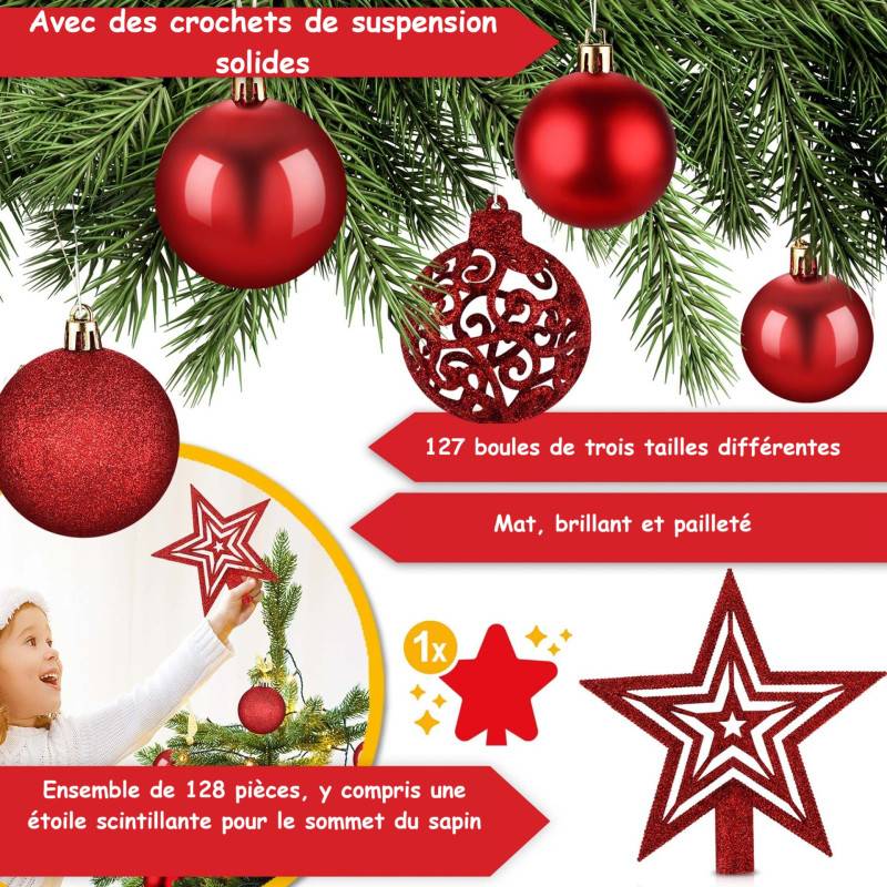 BB Loisir - Boules de Noël Rouges Décorations de sapin Coffret de 128 pièces inclus ètoile de sapin-5 cartes - Image 3
