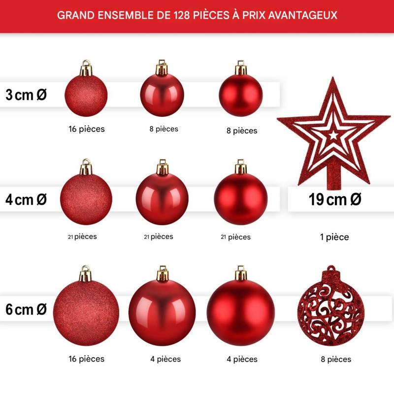 BB Loisir - Boules de Noël Rouges Décorations de sapin Coffret de 128 pièces inclus ètoile de sapin-5 cartes - Image 2