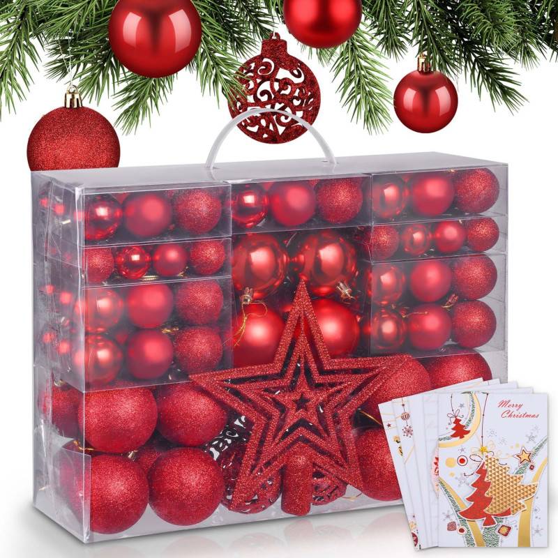 BB Loisir - Boules de Noël Rouges Décorations de sapin Coffret de 128 pièces inclus ètoile de sapin-5 cartes - Image 1