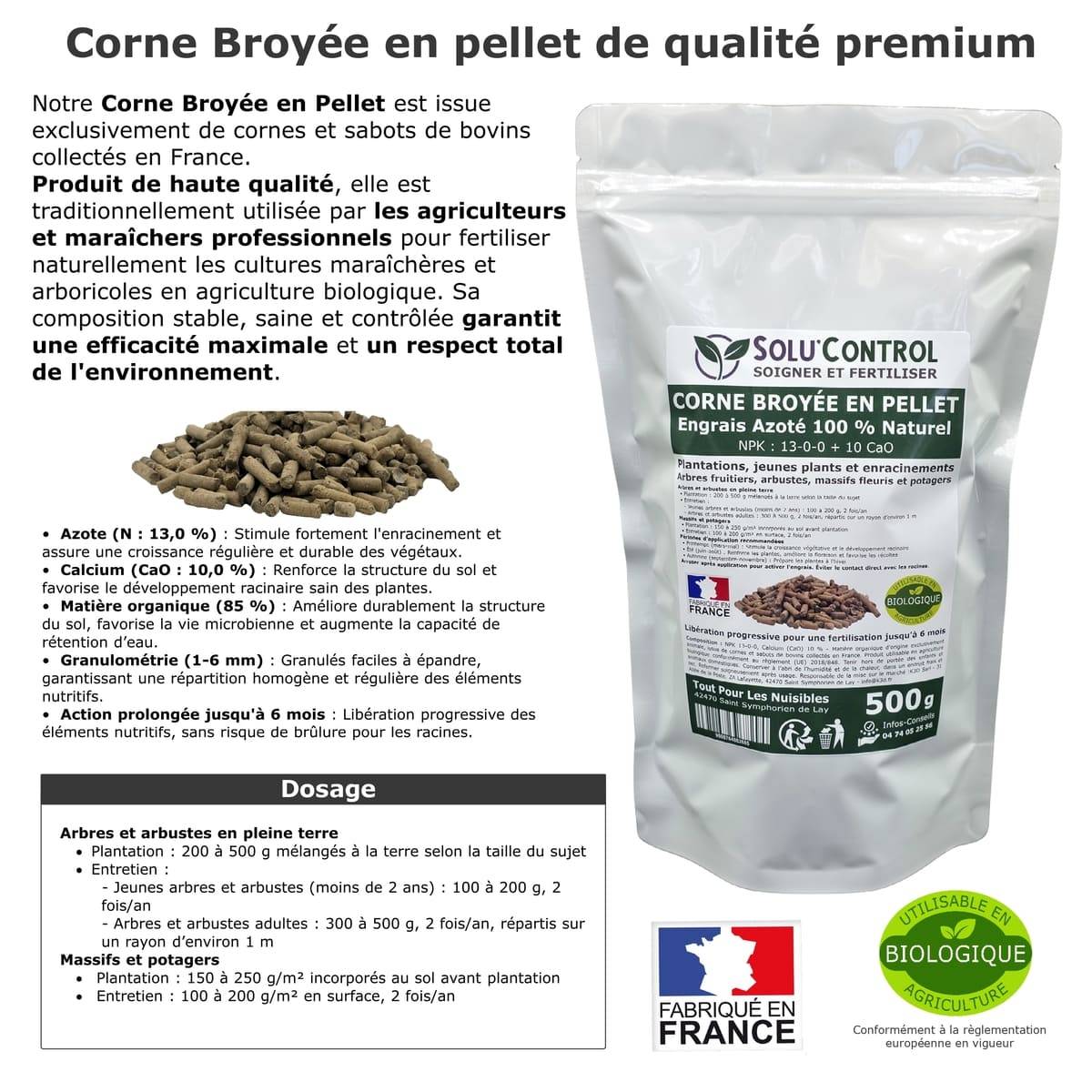 SOLU’CONTROL - 500 g de Corne Broyée en Pellet - Formulation haute qualité Organo-Minerale - Engrais Azoté 100% Naturel- UAB - Image 4