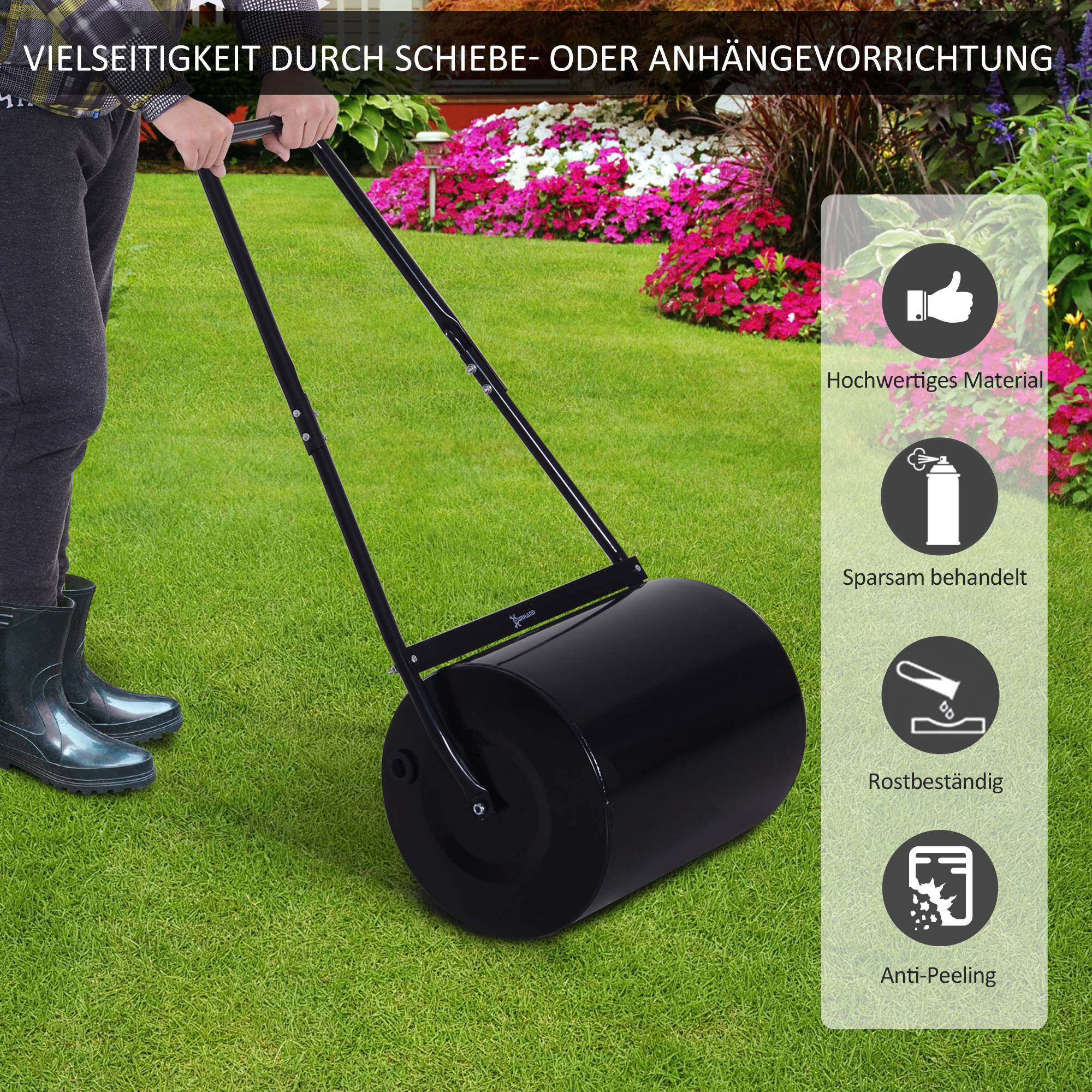 ComfortXL - Rouleau à gazon en métal 60 L Ø40 cm noir et vert pour pelouse semée nivellement jardin poignée en U - Image 6