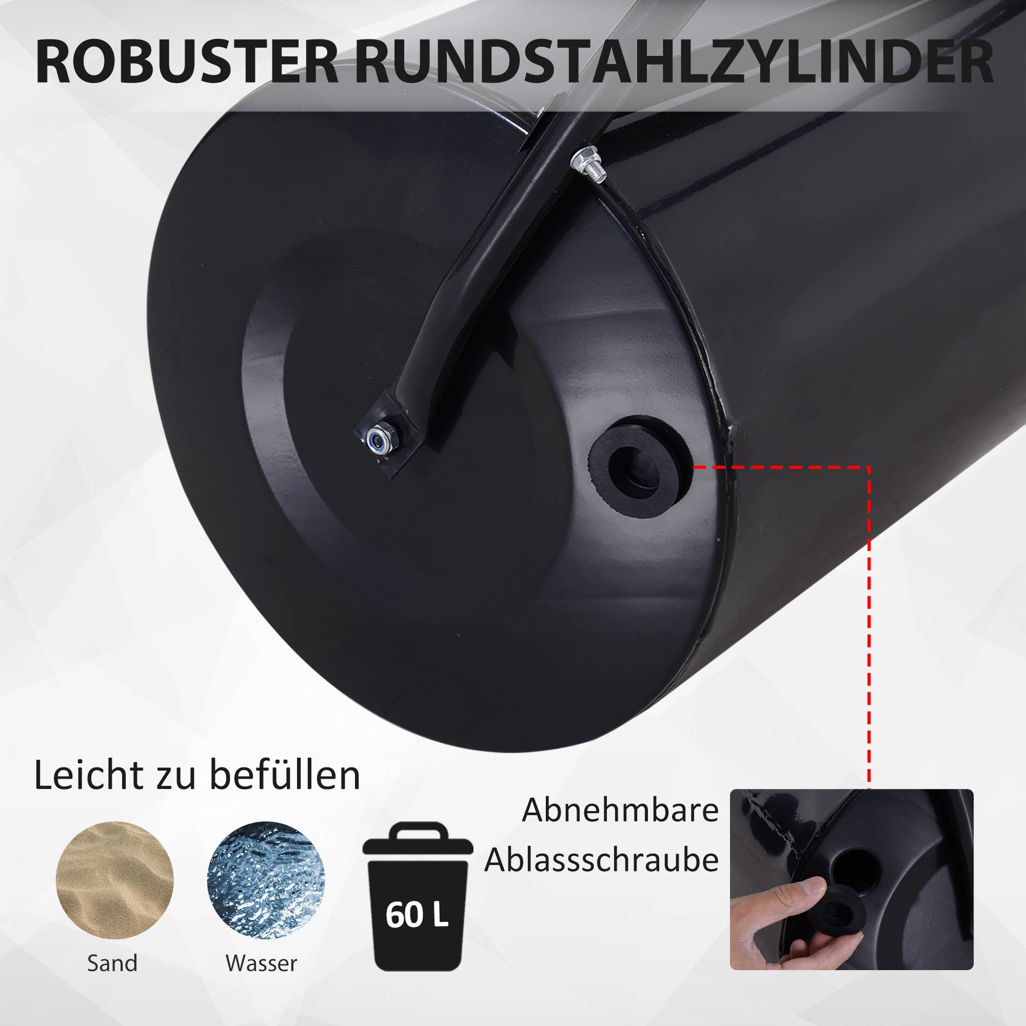 ComfortXL - Rouleau à gazon en métal 60 L Ø40 cm noir et vert pour pelouse semée nivellement jardin poignée en U - Image 4
