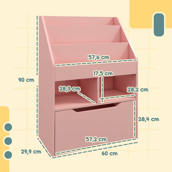 Étagère bois rose 3 compartiments 2 cubes tiroir mobile 4 roulettes rangement livres jouets 60 × 29,9 × 90 cm - Image 5