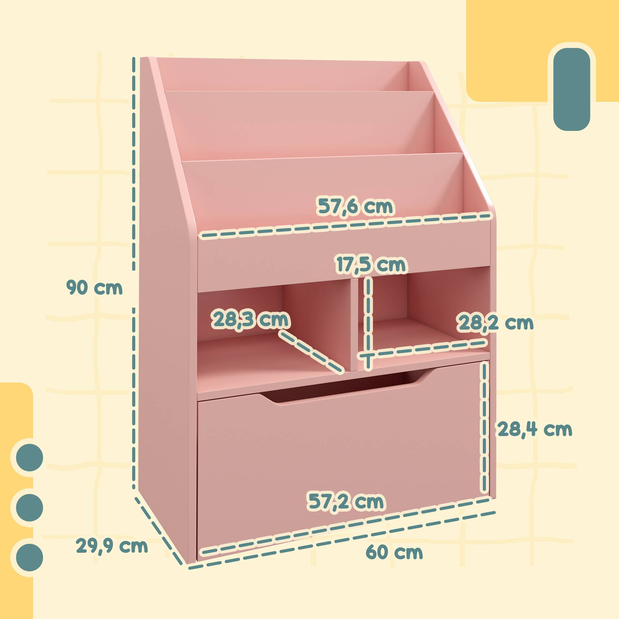 Étagère bois rose 3 compartiments 2 cubes tiroir mobile 4 roulettes rangement livres jouets 60 × 29,9 × 90 cm - Image 5