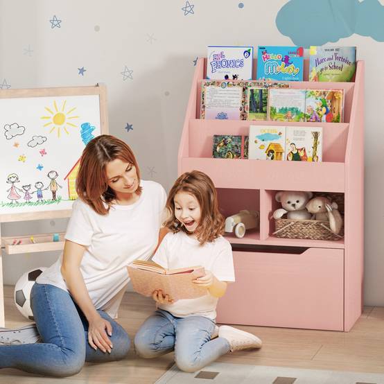 Étagère bois rose 3 compartiments 2 cubes tiroir mobile 4 roulettes rangement livres jouets 60 × 29,9 × 90 cm - Image 3