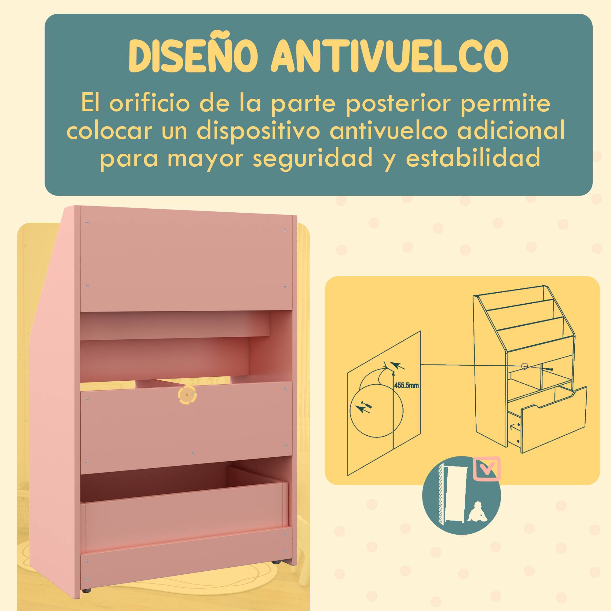 Étagère bois rose 3 compartiments 2 cubes tiroir mobile 4 roulettes rangement livres jouets 60 × 29,9 × 90 cm - Image 7