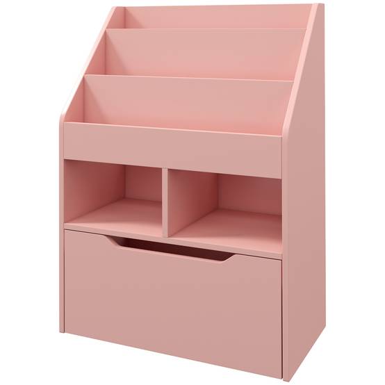 Étagère bois rose 3 compartiments 2 cubes tiroir mobile 4 roulettes rangement livres jouets 60 × 29,9 × 90 cm - Image 2