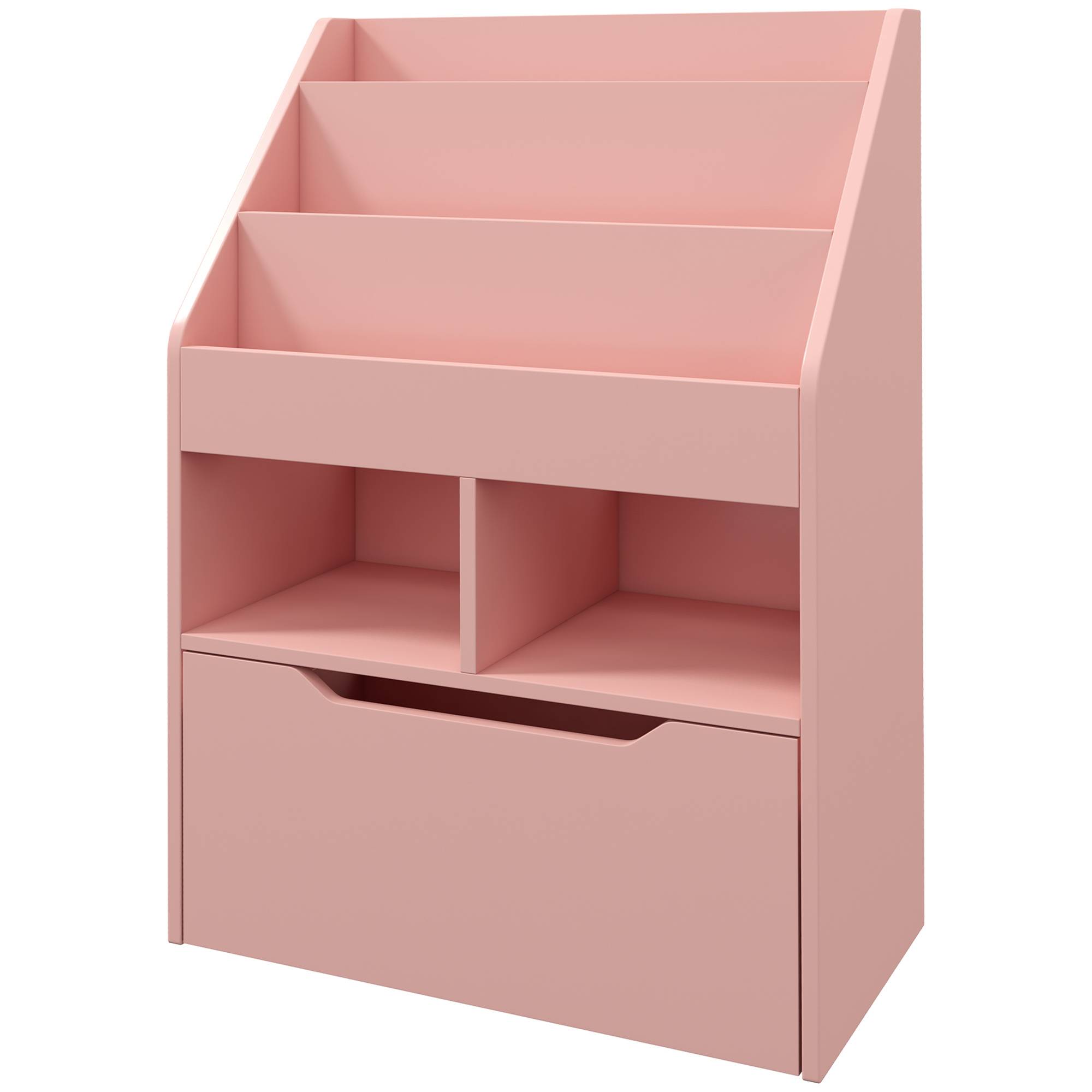 Étagère bois rose 3 compartiments 2 cubes tiroir mobile 4 roulettes rangement livres jouets 60 × 29,9 × 90 cm - Image 2