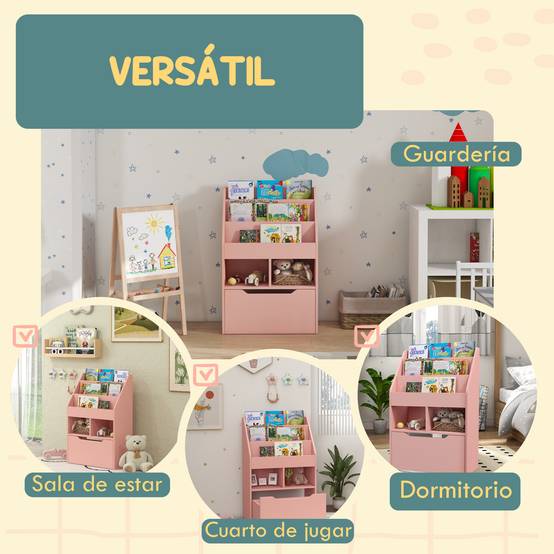 Étagère bois rose 3 compartiments 2 cubes tiroir mobile 4 roulettes rangement livres jouets 60 × 29,9 × 90 cm - Image 9