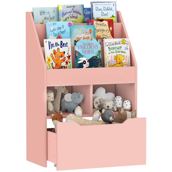 Étagère bois rose 3 compartiments 2 cubes tiroir mobile 4 roulettes rangement livres jouets 60 × 29,9 × 90 cm - Image 1
