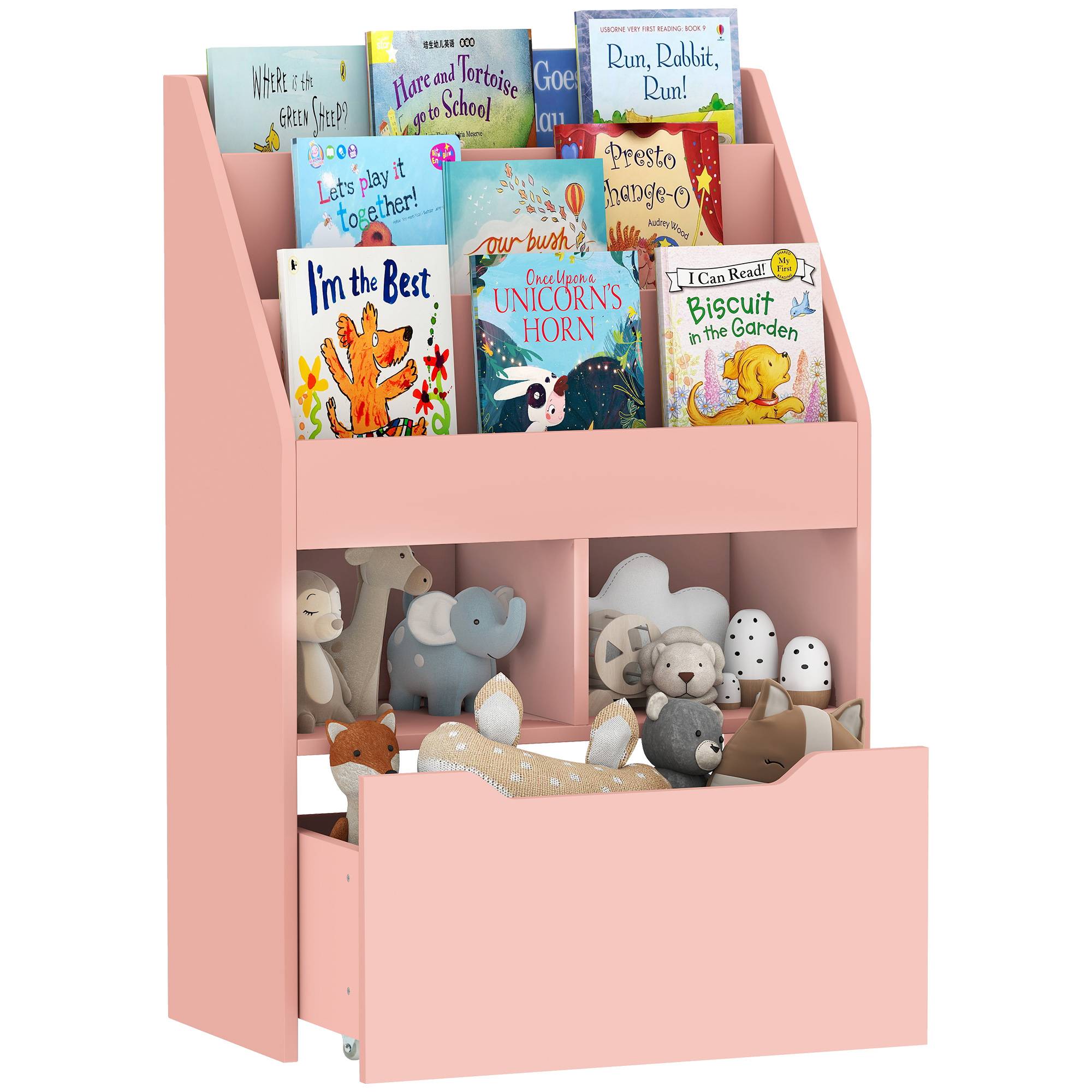 Étagère bois rose 3 compartiments 2 cubes tiroir mobile 4 roulettes rangement livres jouets 60 × 29,9 × 90 cm