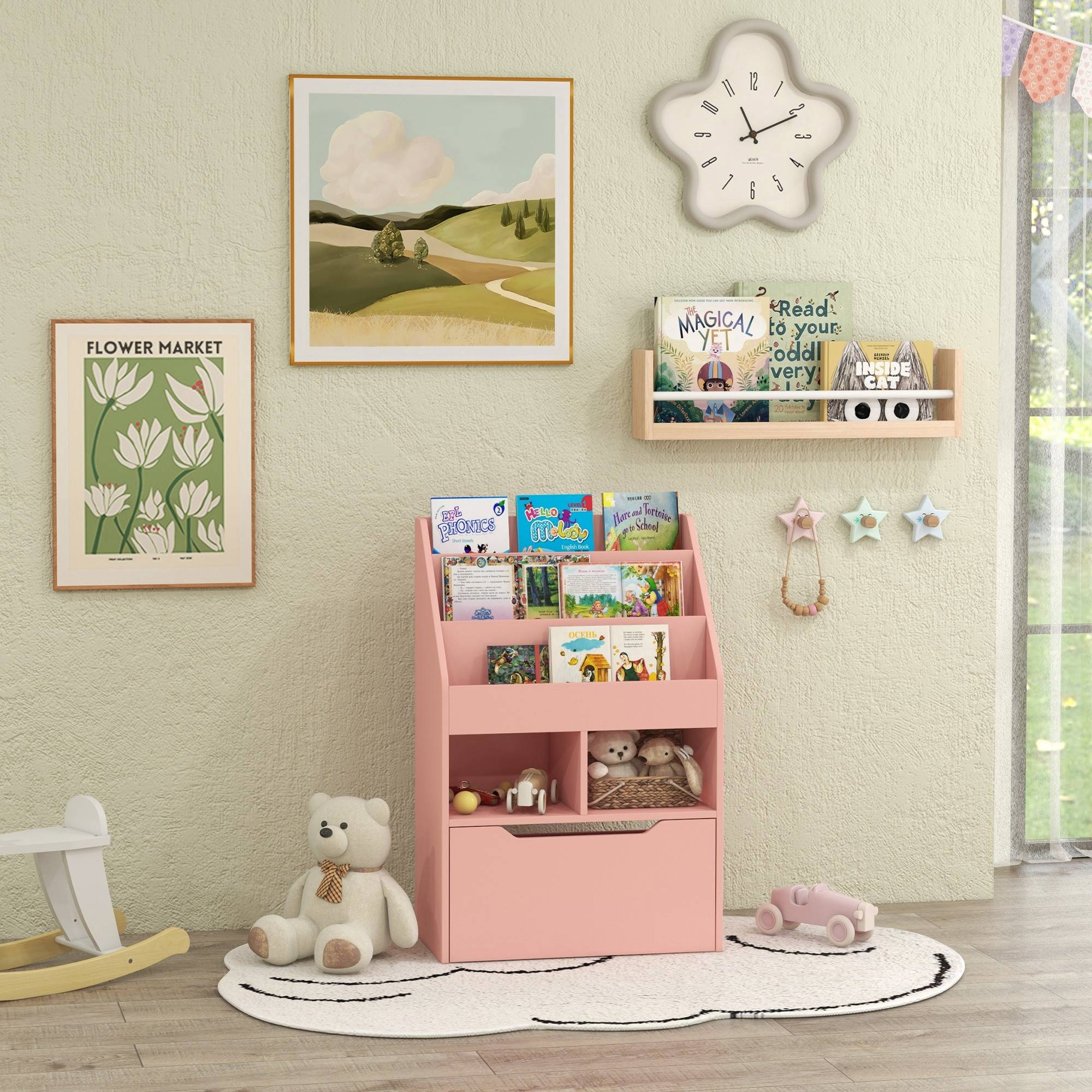 Étagère bois rose 3 compartiments 2 cubes tiroir mobile 4 roulettes rangement livres jouets 60 × 29,9 × 90 cm - Image 4