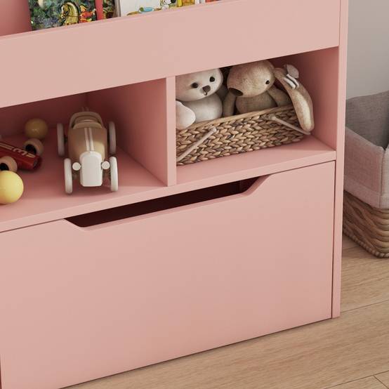 Étagère bois rose 3 compartiments 2 cubes tiroir mobile 4 roulettes rangement livres jouets 60 × 29,9 × 90 cm - Image 10