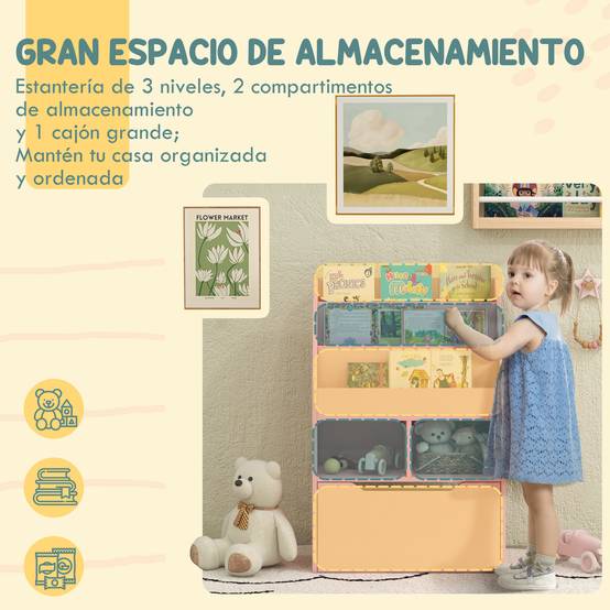 Étagère bois rose 3 compartiments 2 cubes tiroir mobile 4 roulettes rangement livres jouets 60 × 29,9 × 90 cm - Image 6