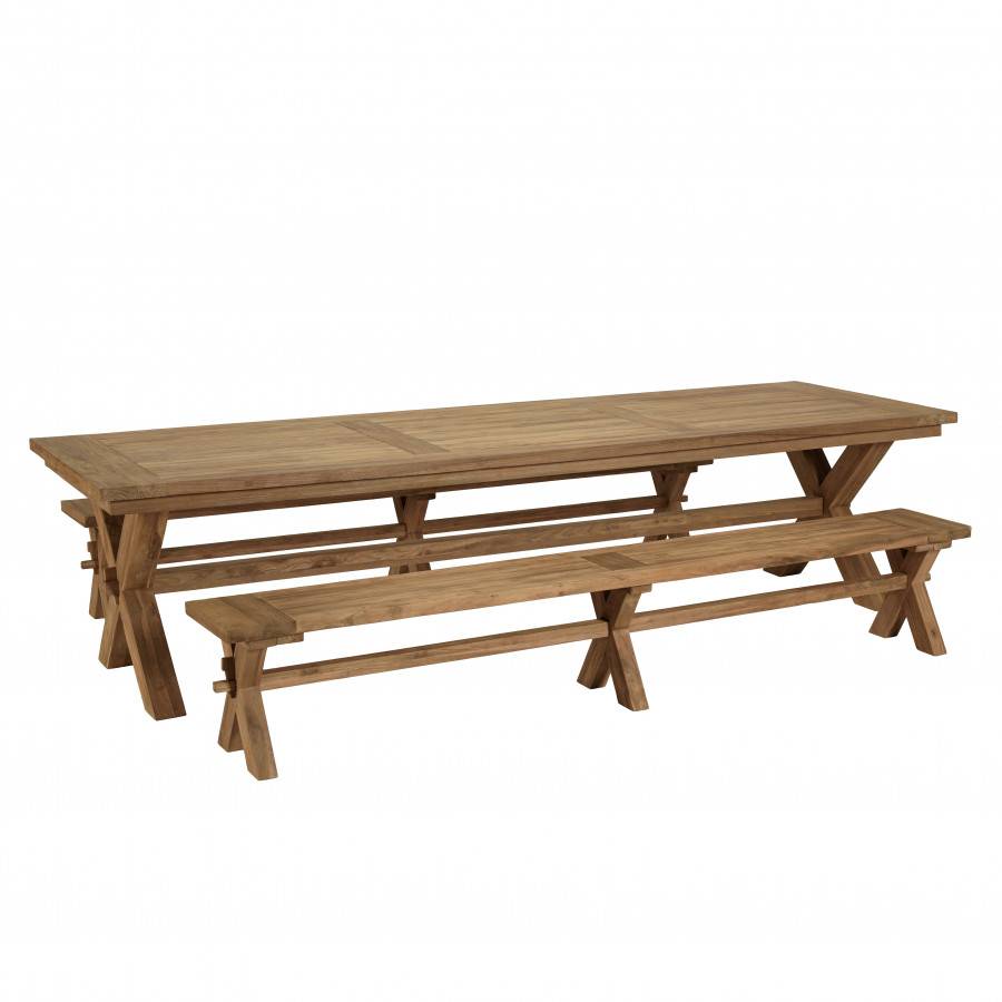 Macabane - KALLY - Salon de jardin 1 table et 2 bancs teck recyclé pieds croisés - Image 9