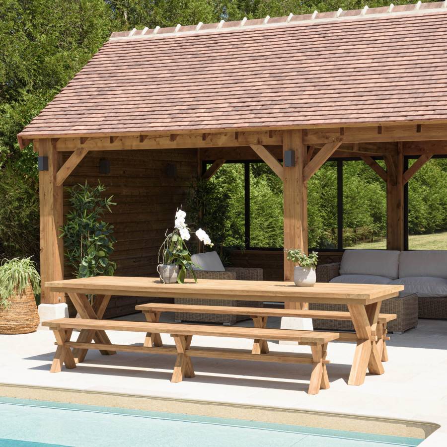 Macabane - KALLY - Salon de jardin 1 table et 2 bancs teck recyclé pieds croisés - Image 2