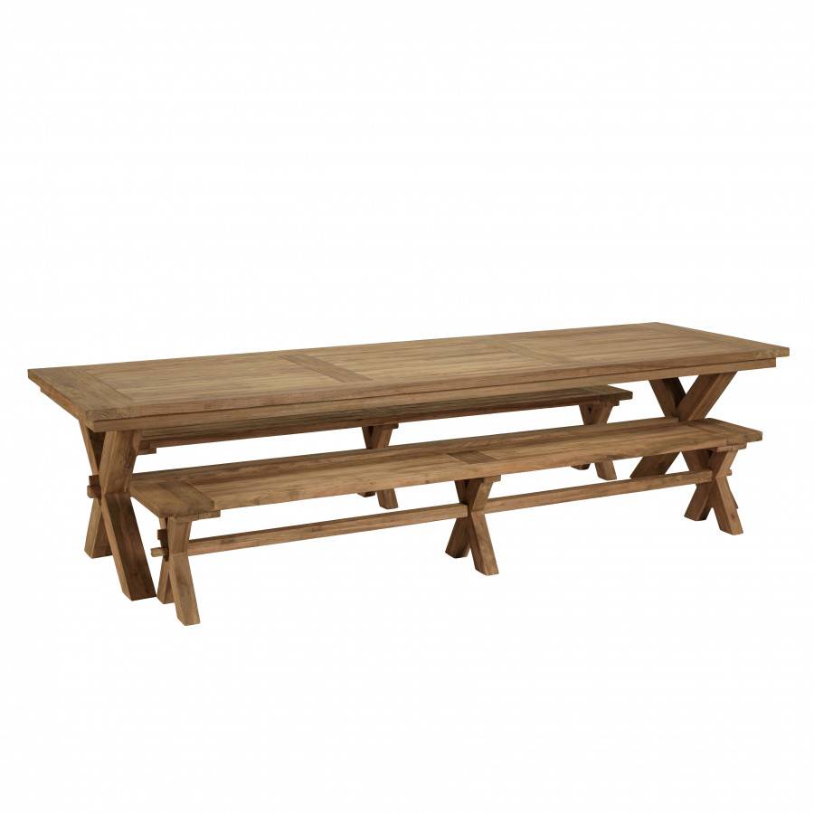 Macabane - KALLY - Salon de jardin 1 table et 2 bancs teck recyclé pieds croisés - Image 1