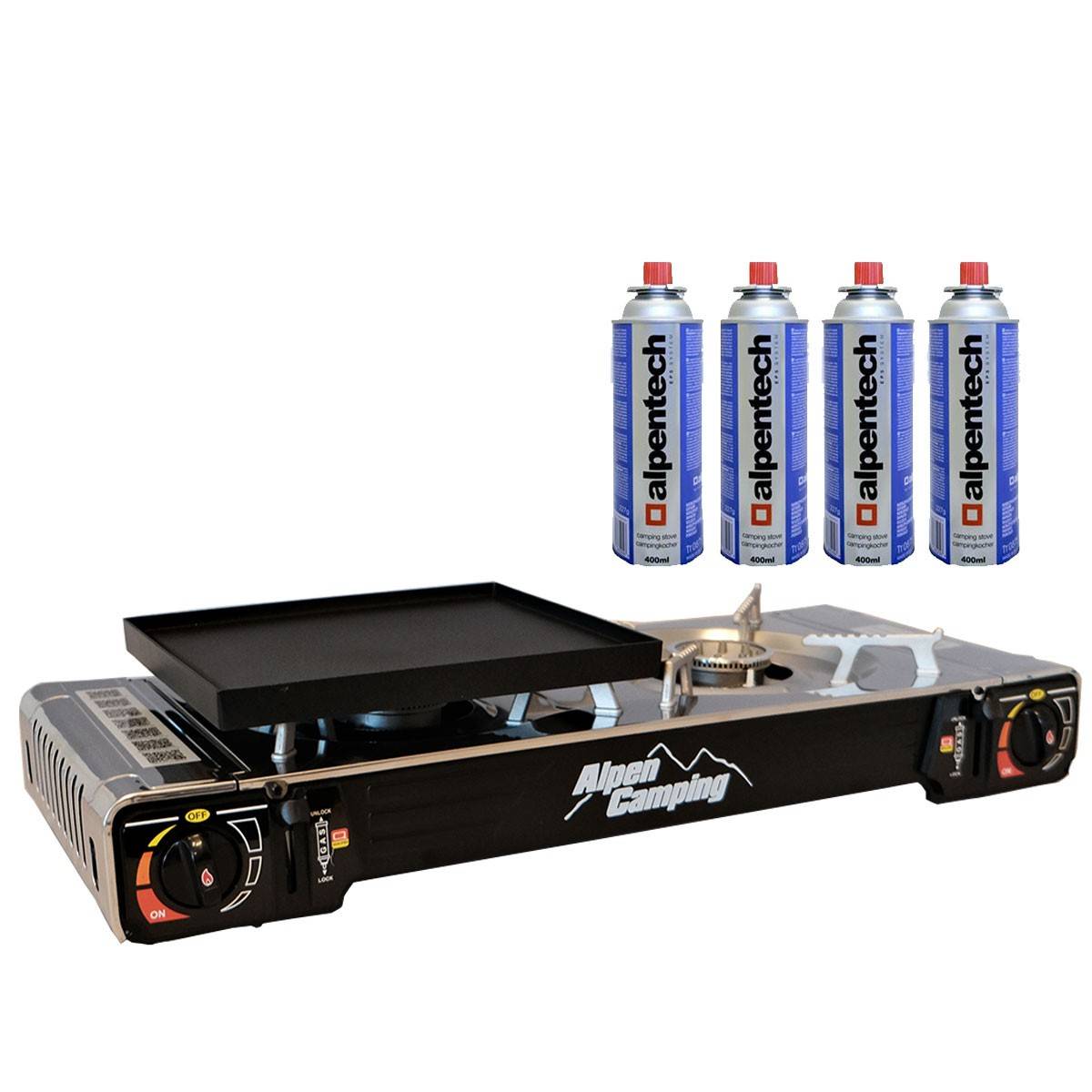 Réchaud 2 feux Gaz 4400W + Plancha Allumage piezo Portable ALPEN + 4 cartouches 250 gr butane - Image 1