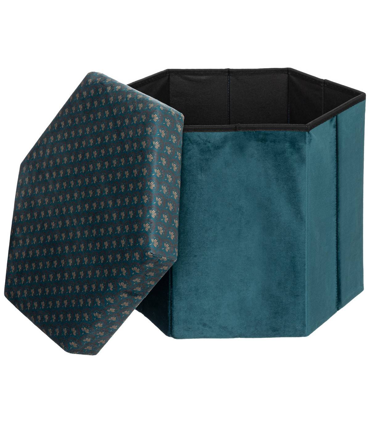 Pouf pliant et Coffre de rangement en velours Bleu avec motifs - Image 2